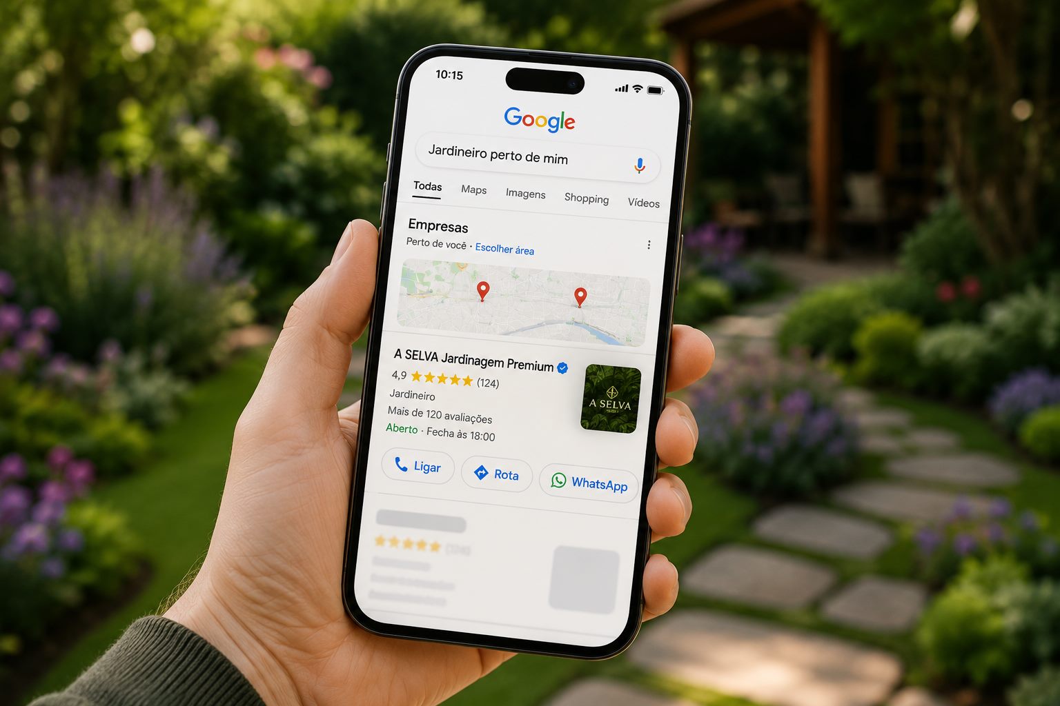 Celular mostrando a busca 'jardineiro perto de mim' no Google, com o perfil A Selva Jardinagem Premium em primeiro lugar, 4,9 estrelas e 124 avaliacoes